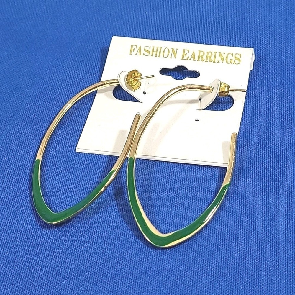 Vintage Earrings Gold Tone Green Enamel J-Hoop Oversized Pierced